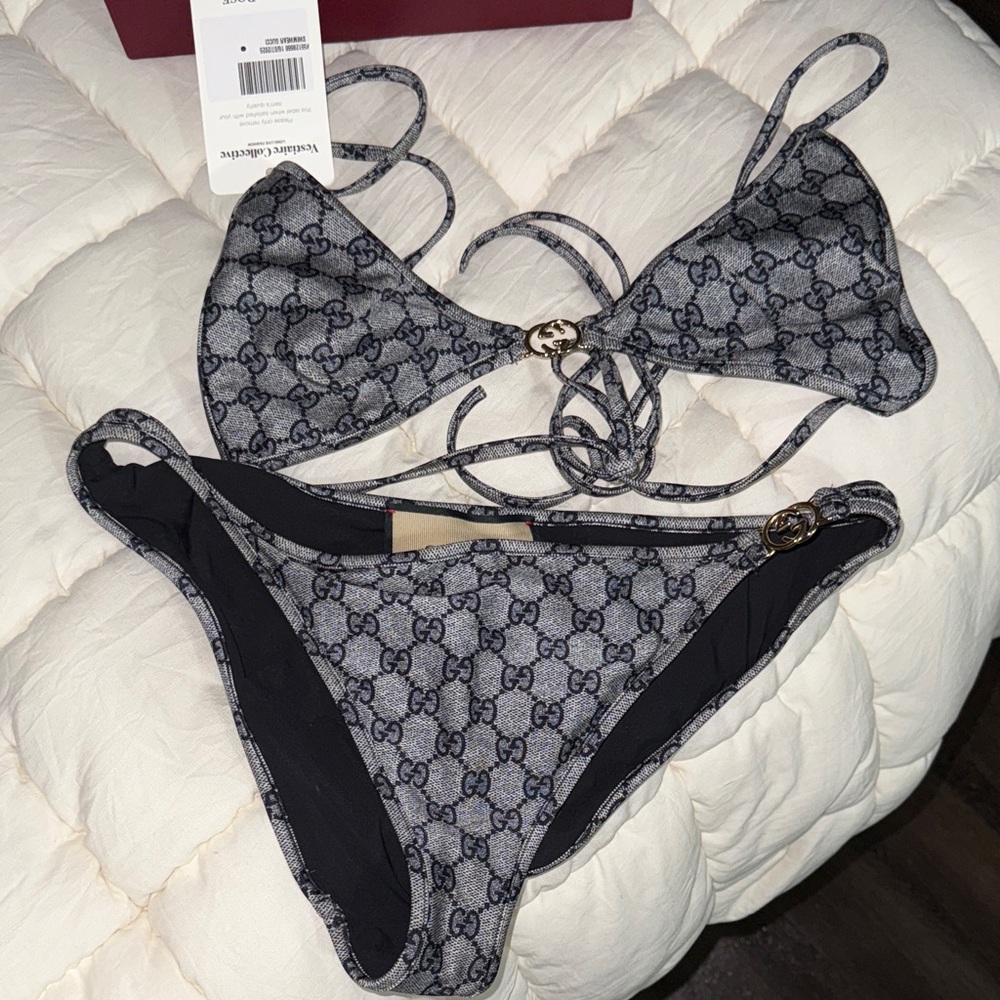 Authentic Gucci Blue and Gray Monogram logo Bikini